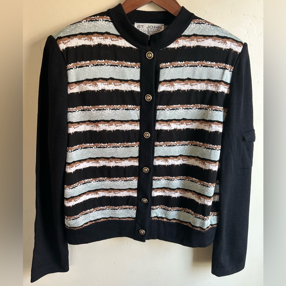 ▶️ ST. JOHN sweater sz 10 cardigan enamel button luxury classic striped mature